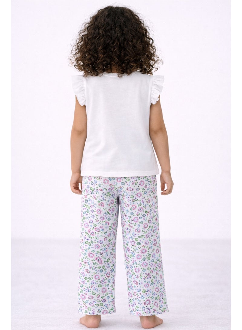 victor and jane Girls’ Pajama Set – “Sleep Well” Frill Sleeve Top & Floral Print Pants - Image 2